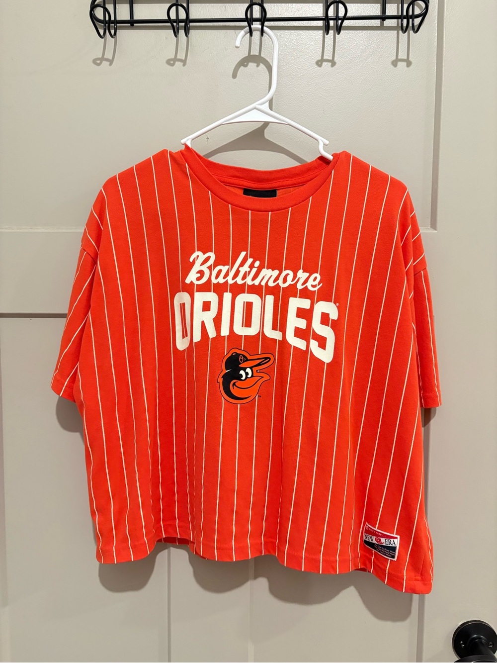 New Era Orange Baseball Fan Tee with White Striping
